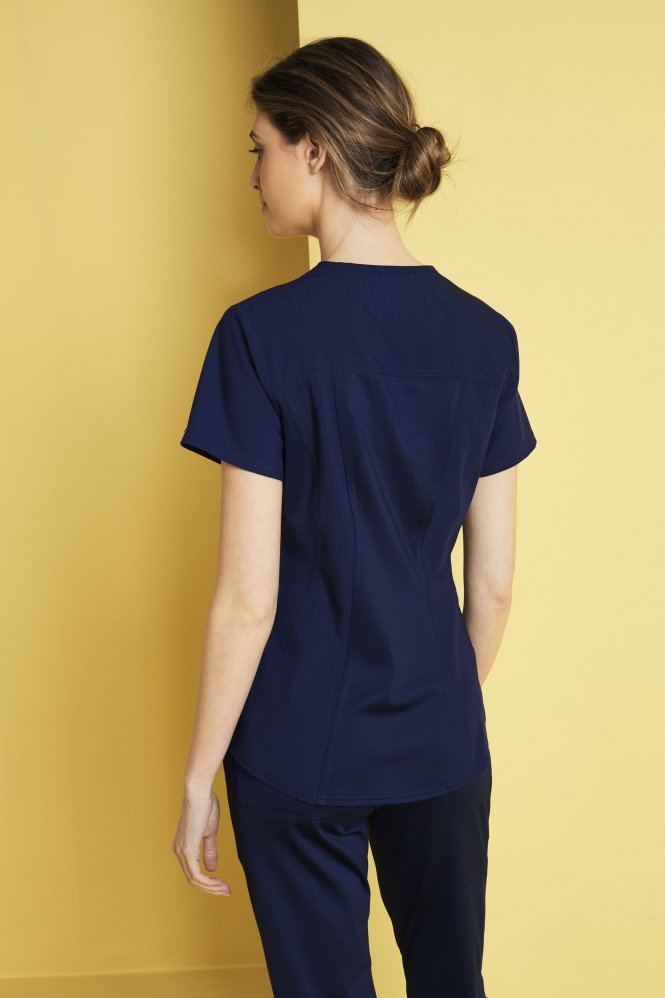Cherokee Vneck Zip Front Scrub Top, Navy,
