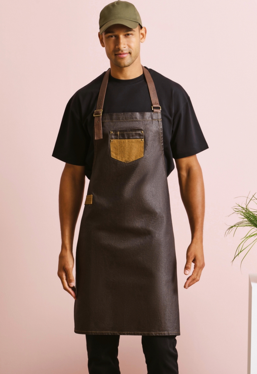 Division waxed-look denim bib apron with faux leather BlackTan Denim Division waxed-look denim bib apron with faux leather BlackTan Denim