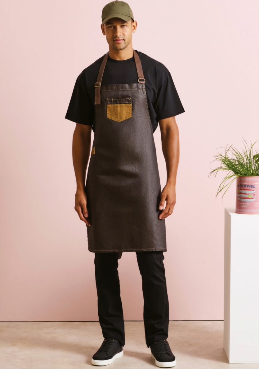 Division waxed-look denim bib apron with faux leather BlackTan Denim Division waxed-look denim bib apron with faux leather BlackTan Denim