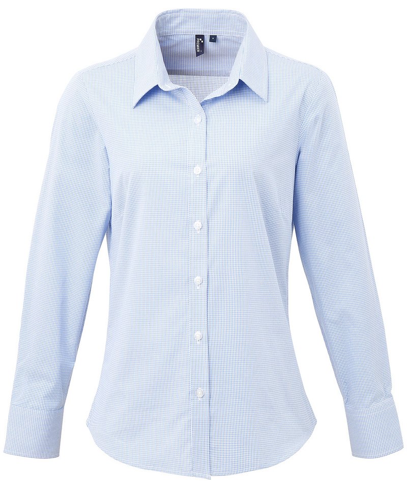 Womens Microcheck Gingham long sleeve cotton shirt Light BlueWhite