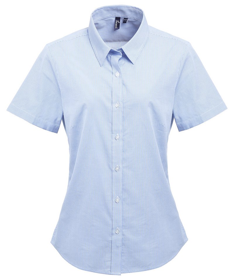 Womens Microcheck Gingham short sleeve cotton shirt Light BlueWhite