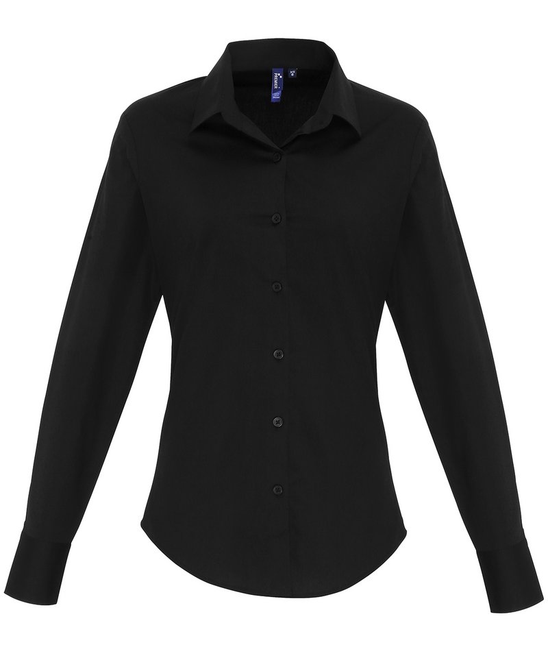 Womens stretch fit cotton poplin long sleeve blouse Black