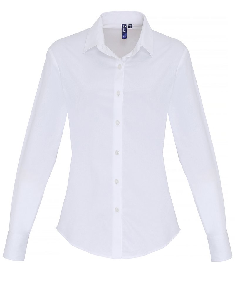 Womens stretch fit cotton poplin long sleeve blouse White