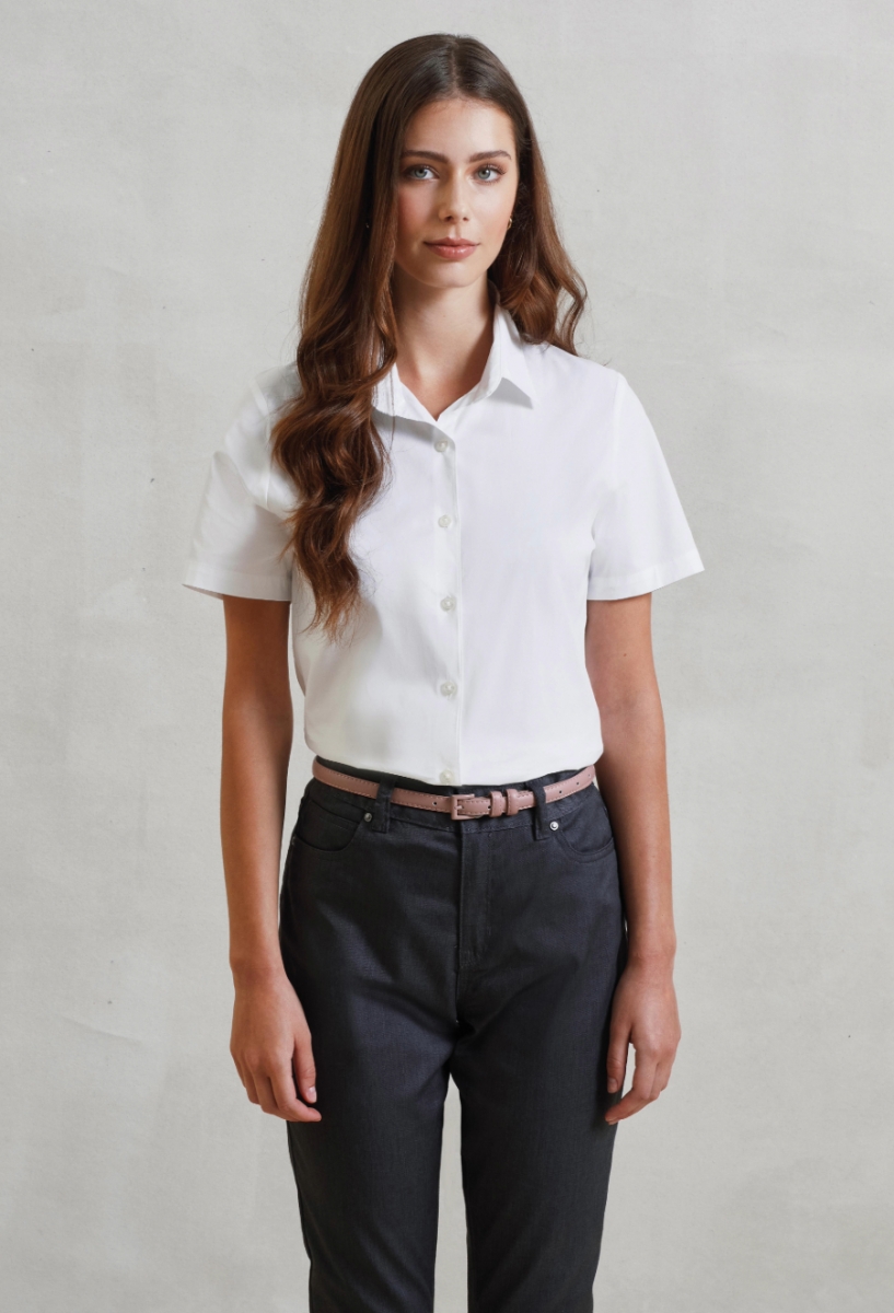 Womens stretch fit cotton poplin short sleeve blouse White Womens stretch fit cotton poplin short sleeve blouse White