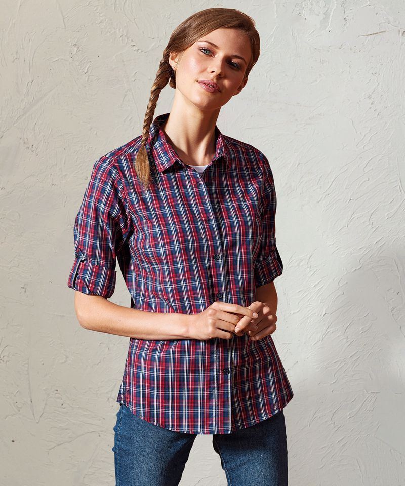 Chemise à manches longues en coton à carreaux Sidehill pour femme NavyRed2