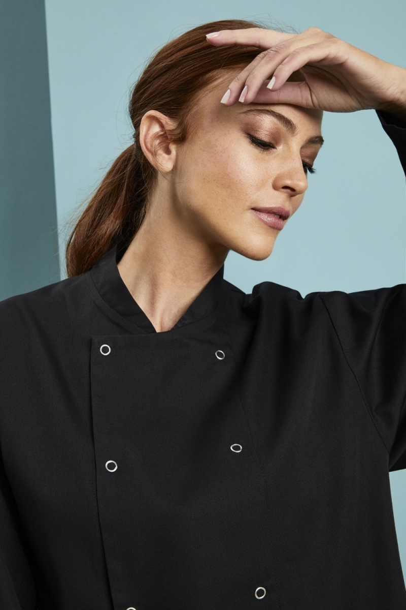 Long Sleeve Popper Chef Jacket, Black