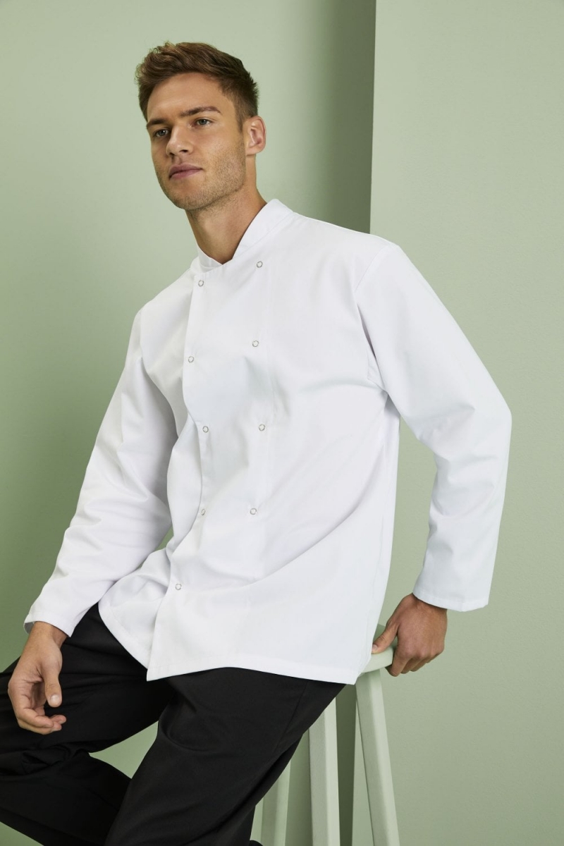 Long Sleeve Popper Chef Jacket, White