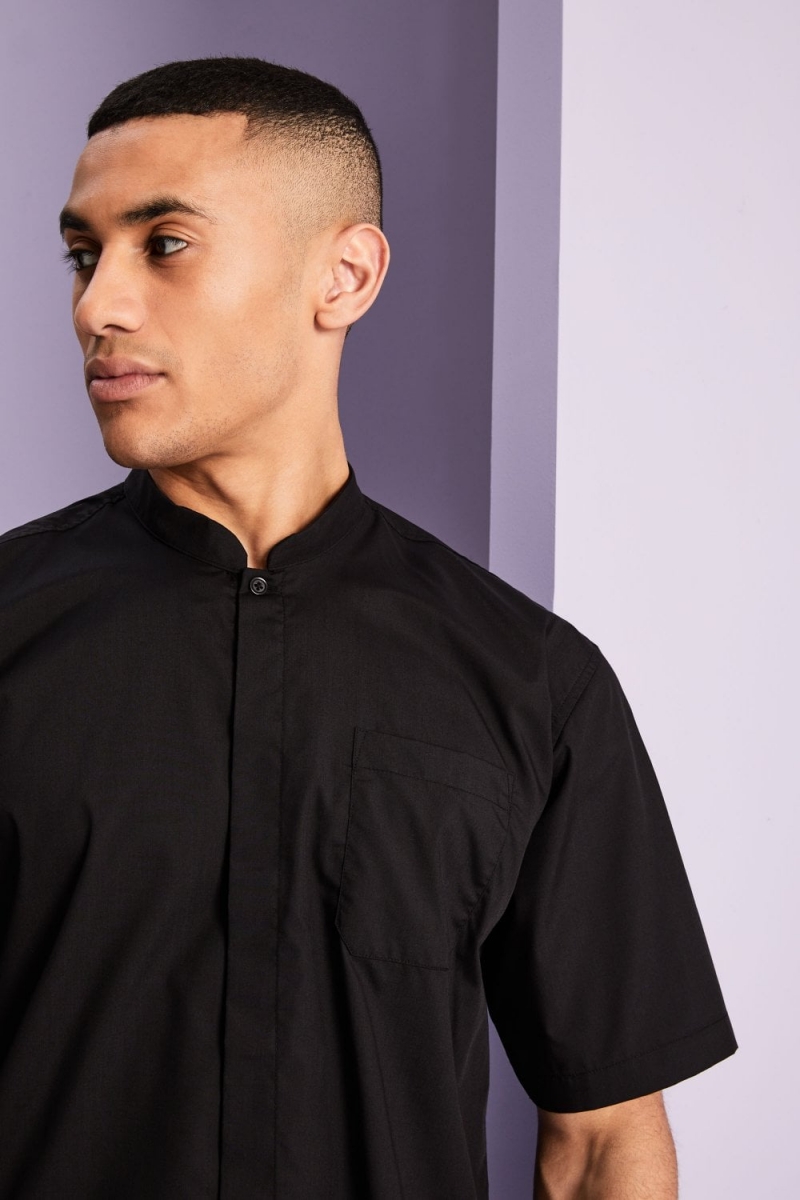 Short Sleeve Mandarin Collar Shirt,