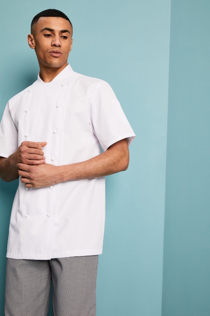Veste de cuisinier avant réversible à manches courtes unisexe, blanc