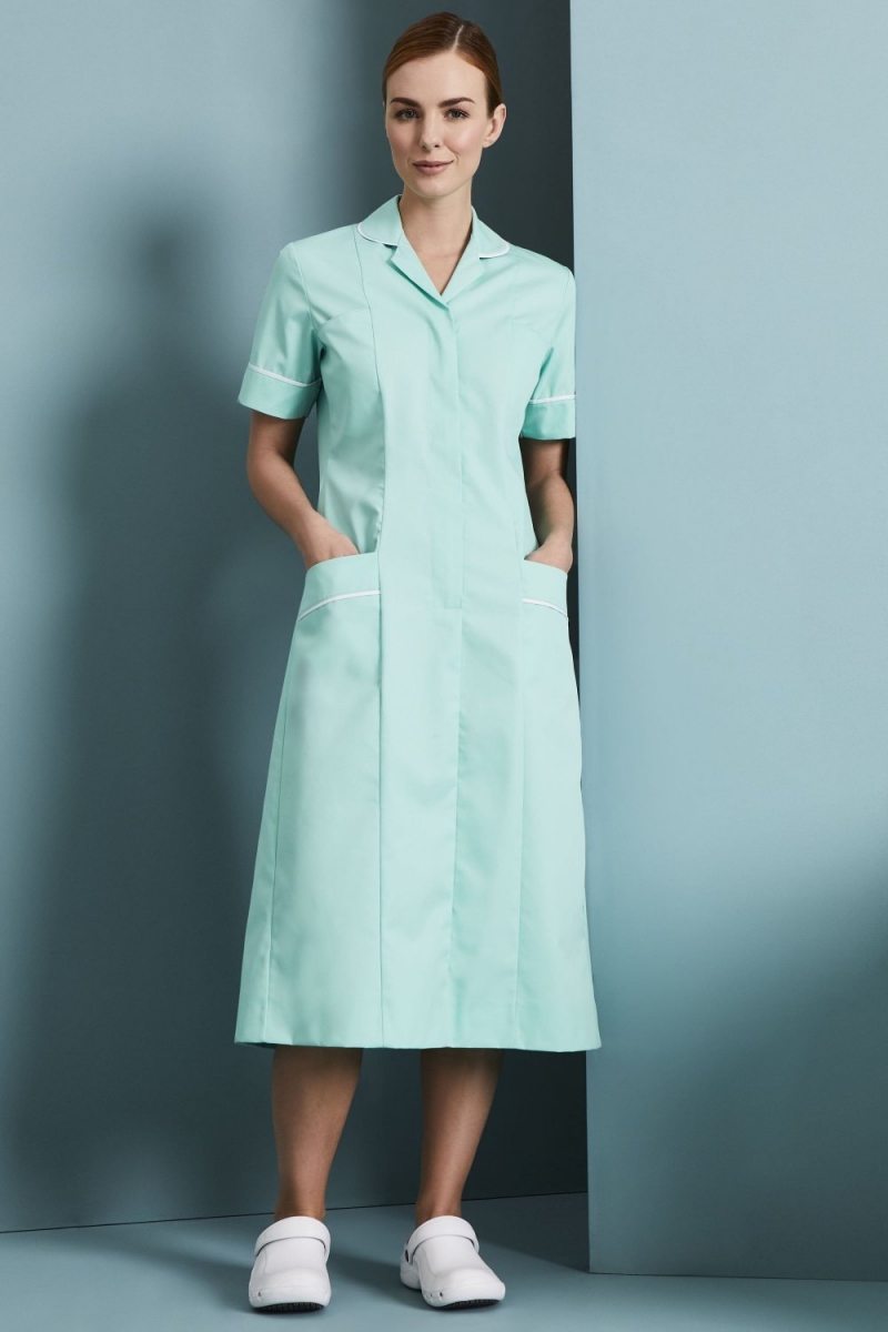 Classic Collar Healthcare Dress, Eau De Nil With White Trim,