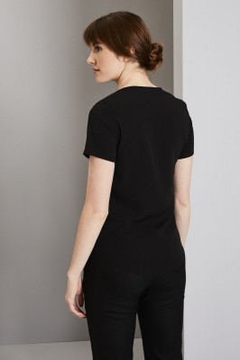 Semi-fitted Open Collar Crepe De Chine Blouse, Black