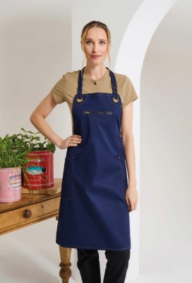 Barley contrast stitch sustainable bib apron Navy/Camel