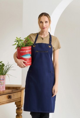 Barley contrast stitch sustainable bib apron Navy/Camel