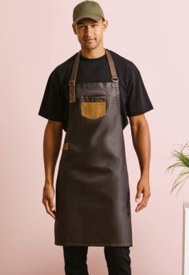 Division waxed-look denim bib apron with faux leather BlackTan Denim Division waxed-look denim bib apron with faux leather BlackTan Denim