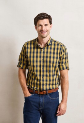 Mulligan check cotton long sleeve shirt CamelNavy