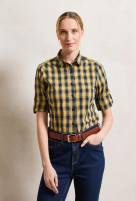 Womens Mulligan check cotton long sleeve shirt CamelNavy Womens Mulligan check cotton long sleeve shirt CamelNavy