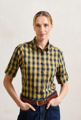 Womens Mulligan check cotton long sleeve shirt CamelNavy Womens Mulligan check cotton long sleeve shirt CamelNavy