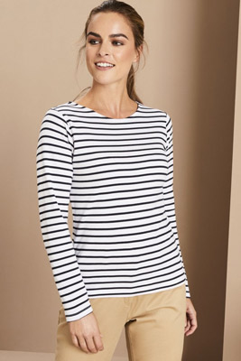 T-shirt Breton à manches longues pour femmes Asquith & Fox, blanc / bleu marine