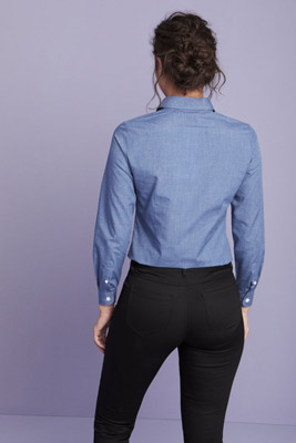 Long Sleeve Denim-look Blouse, Blue