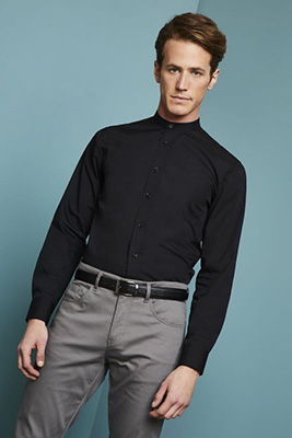 Long Sleeve Banded Collar Shirt, Black