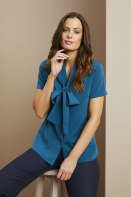 Low Tie Neck Button Through Blouse, Dark Teal