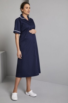 Robe classique de soins de maternité, Bleu marine avec garniture blanche