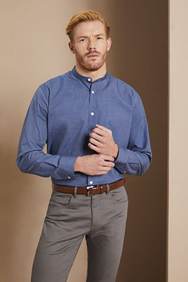 Long Sleeve Denim Look Banded Collar Shirt, Blue