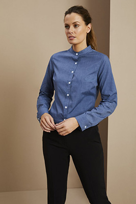 Long Sleeve Denim Look Banded Collar Blouse, Blue