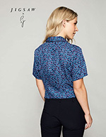 Short Sleeve Open Collar Blouse, Navy Micro Petal