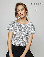 Jigsaw X Short Sleeve Pleat Neck Blouse, Black Leopard