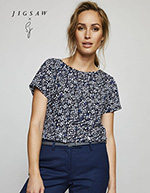 Jigsaw X Short Sleeve Pleat Neck Blouse, Blue Floral