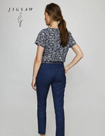 Jigsaw X Short Sleeve Pleat Neck Blouse, Blue Floral