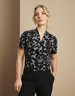 Low Tie Neck Button Through Blouse, Black/White Etched Spot