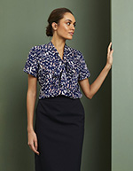 Low Tie Neck Button Through Blouse, Navy Brush Stroke