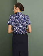 Low Tie Neck Button Through Blouse, Navy Brush Stroke