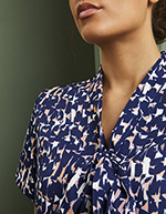 Low Tie Neck Button Through Blouse, Navy Brush Stroke