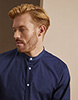 Long Sleeve Denim Look Banded Collar Shirt, Dark Blue