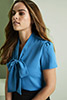 Short Sleeve Low Tie Neck Blouse, Teal