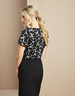 Short Sleeve Pleat Neck Blouse, Black/White Etched Spot