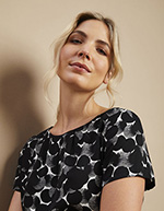 Short Sleeve Pleat Neck Blouse, Black/White Etched Spot