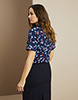 Short Sleeve Open Collar Blouse, Blue Ditsy Floral
