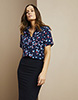 Short Sleeve Open Collar Blouse, Blue Ditsy Floral