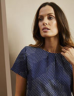 Short Sleeve Pleat Neck Blouse, Navy/White Chevron Spots